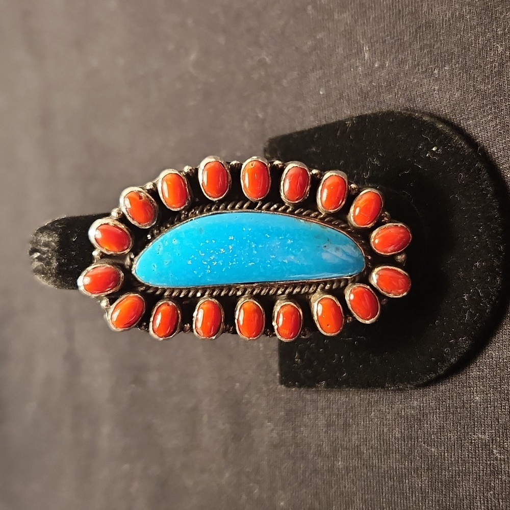 NWOT Geraldine James Native American Blue Turq & Red Coral SS Ring, Sz 8 3/4